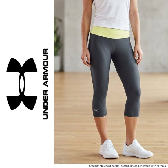 Under Armour Pants - Under Armour Women's Medium Gray HeatGear Armour Capri Leggings Yellow Waistband